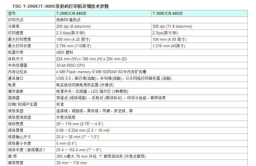 TSC T-200/T-300條碼打印機(jī)參數(shù)